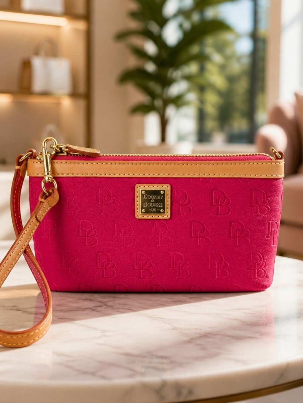 Dooney & Bourke Pink Wristlet with Tan Trim